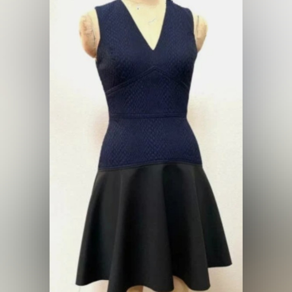 New. Rebecca Taylor V neck, snake jacquard navy Empire Dress, black bottom,lined - Picture 1 of 11